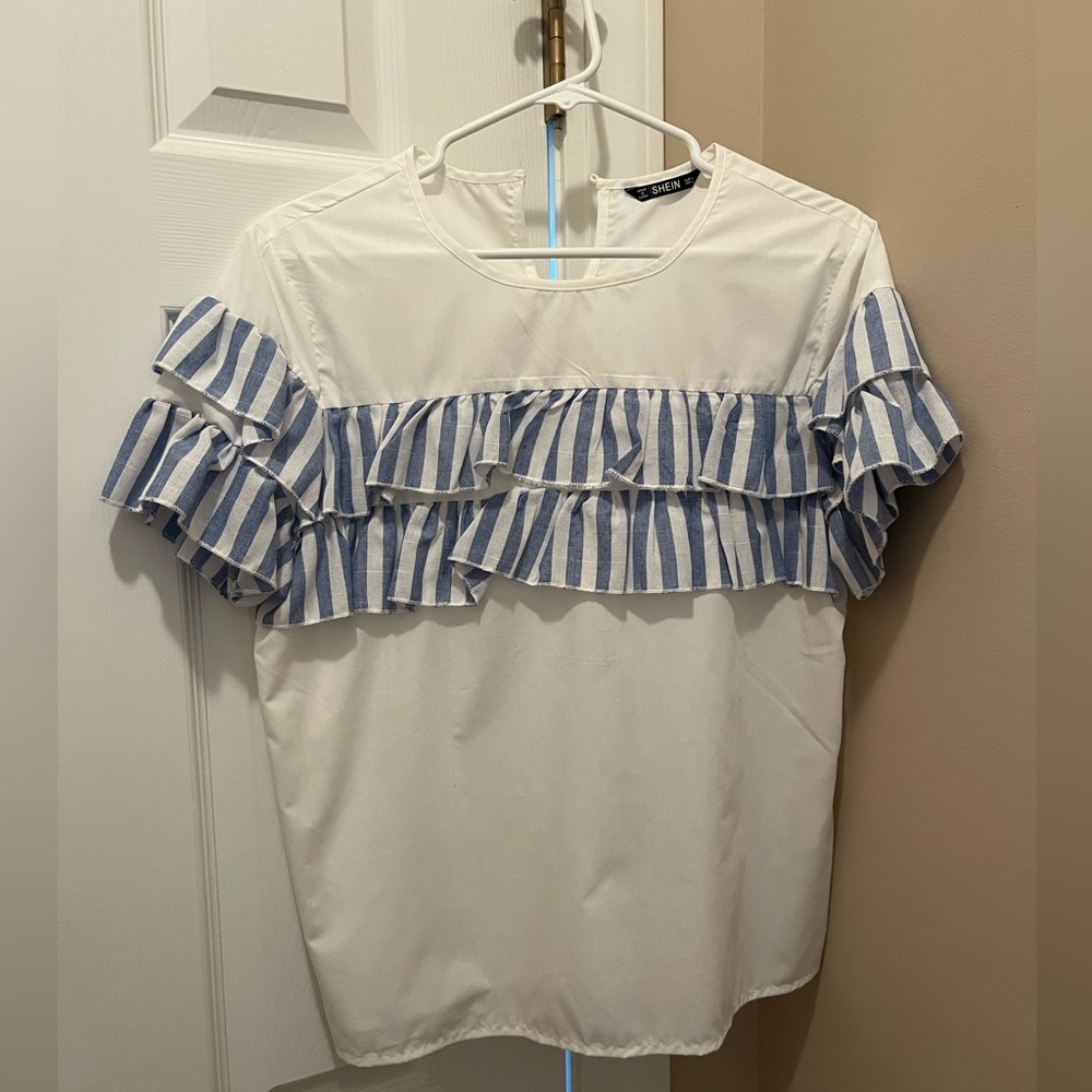 SHEIN short sleeve white top with blue and white ruffles